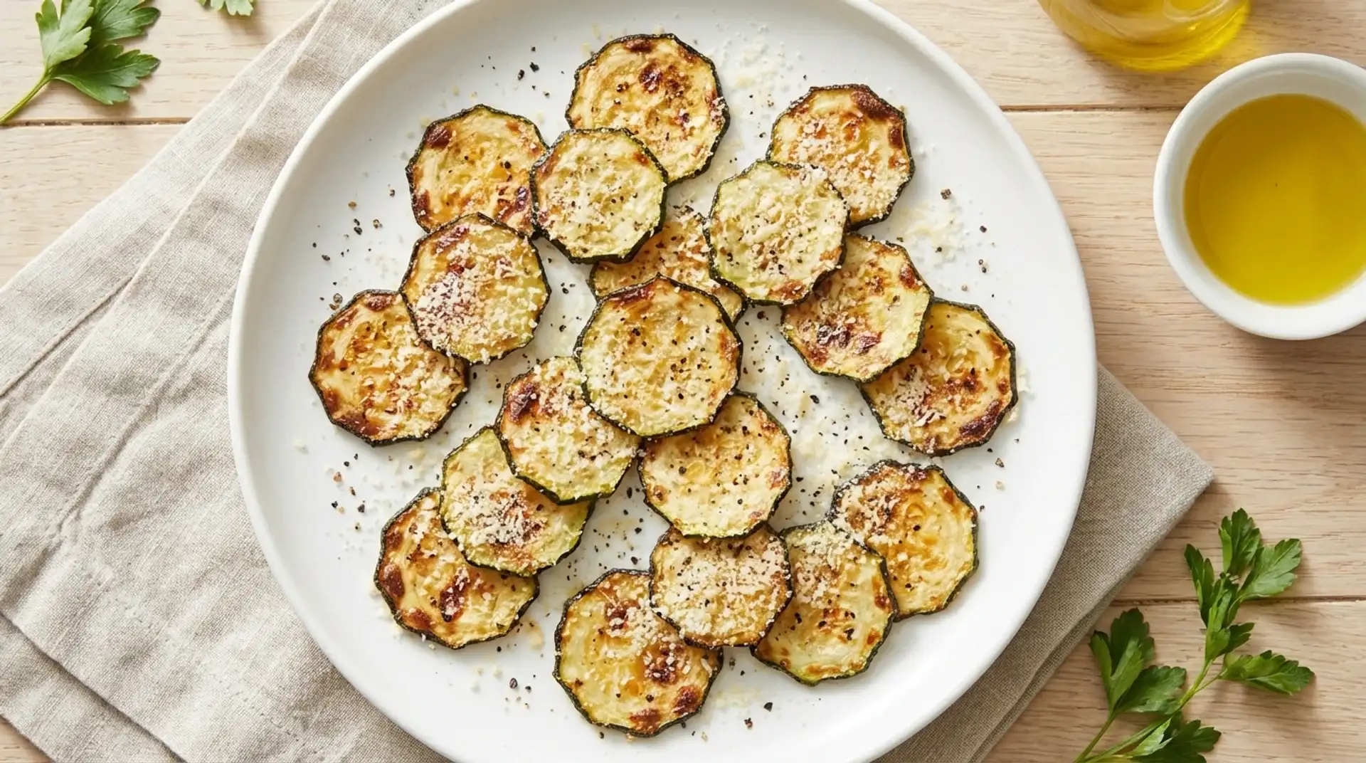 roasted zucchini slices topped with parmesan cheese and black pepper, served on plate with olive oil and parsley garnish