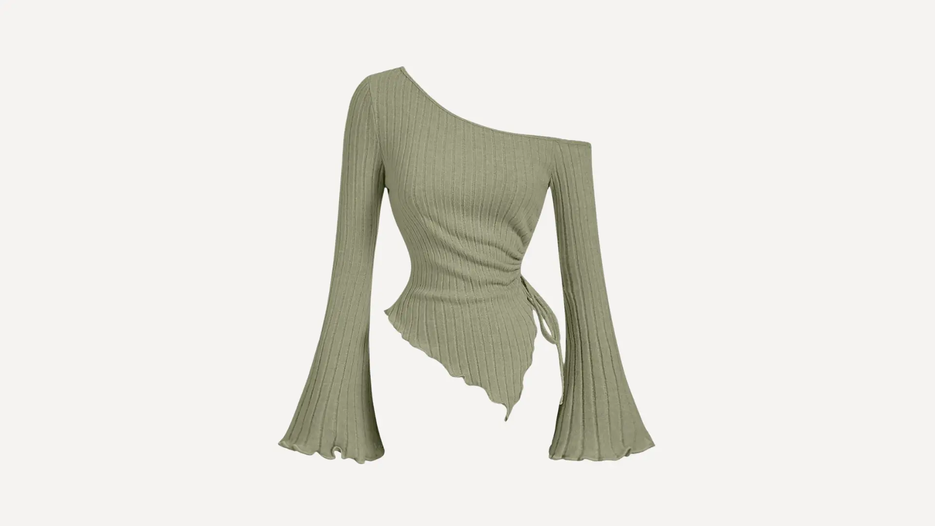 sage green ribbed long-sleeve asymmetrical top with one shoulder exposed and a draped tie-waist on a white background