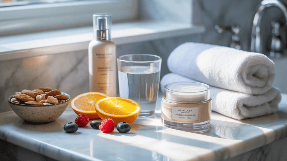 skincare products, water, fresh fruits, nuts, and folded towels arranged on a bright bathroom counter in natural light