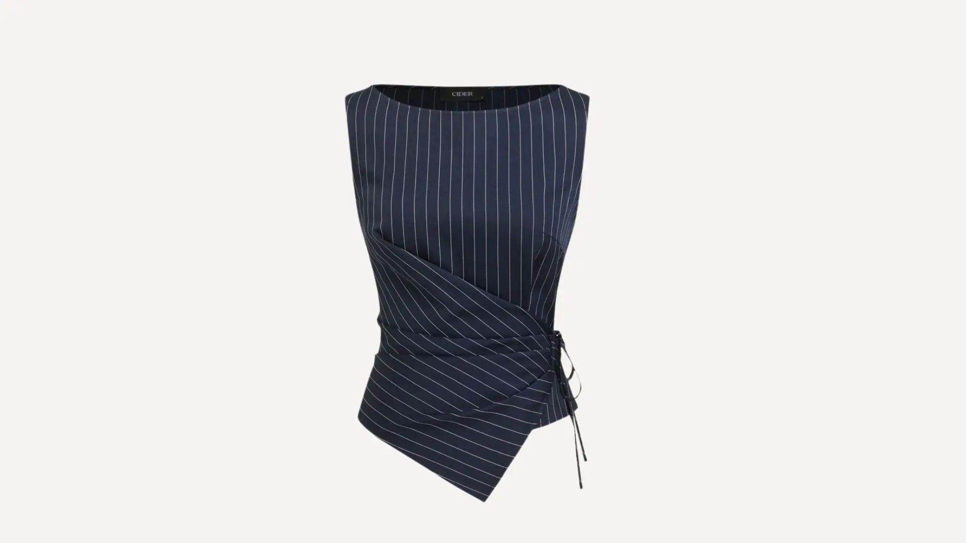 sleeveless navy pinstripe blouse with a boat neckline and a unique asymmetrical wrap-style waist with a side tie detail
