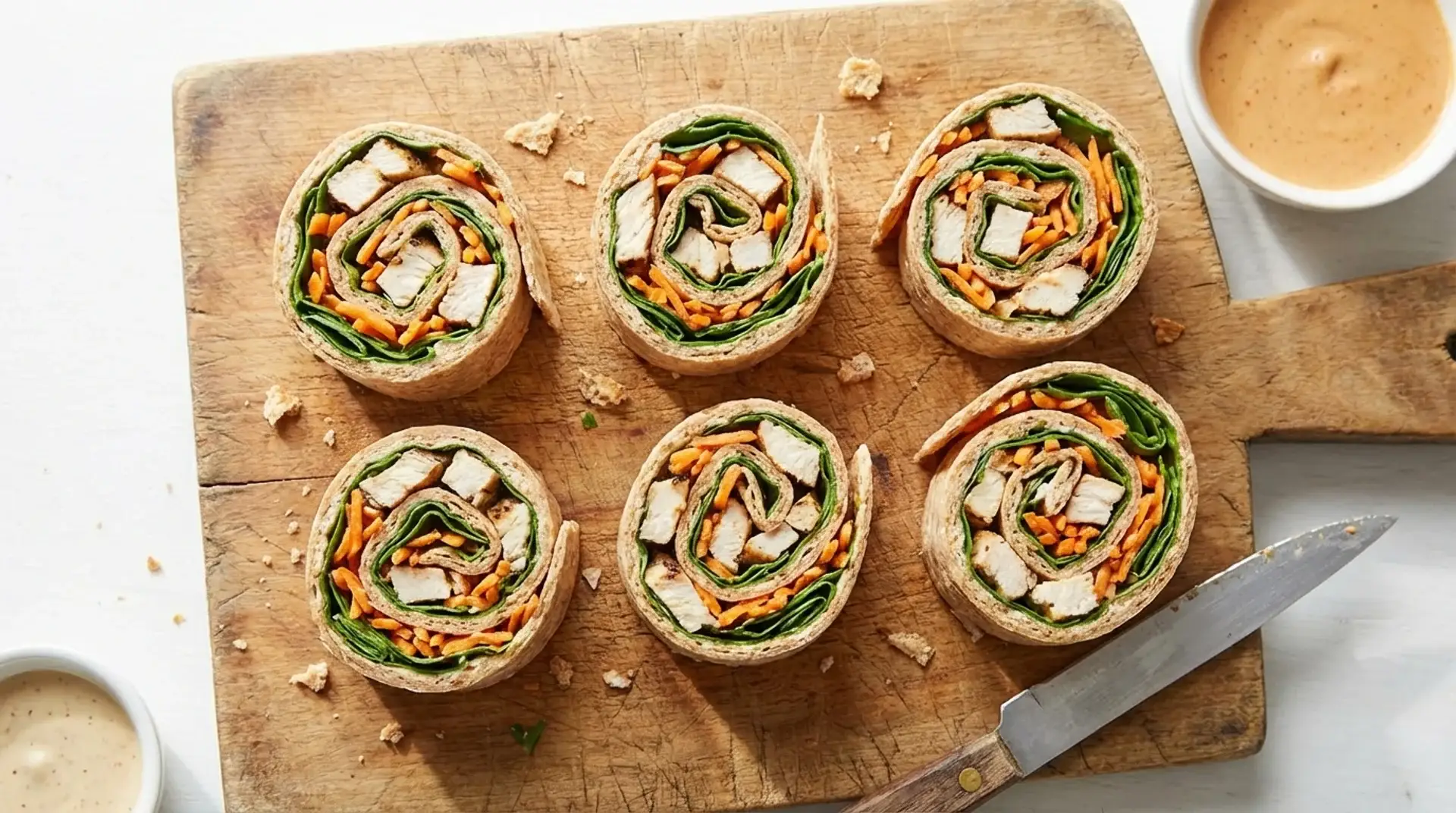 sliced chicken wrap pinwheels with spinach and shredded carrots arranged on wooden board with knife and dipping sauce