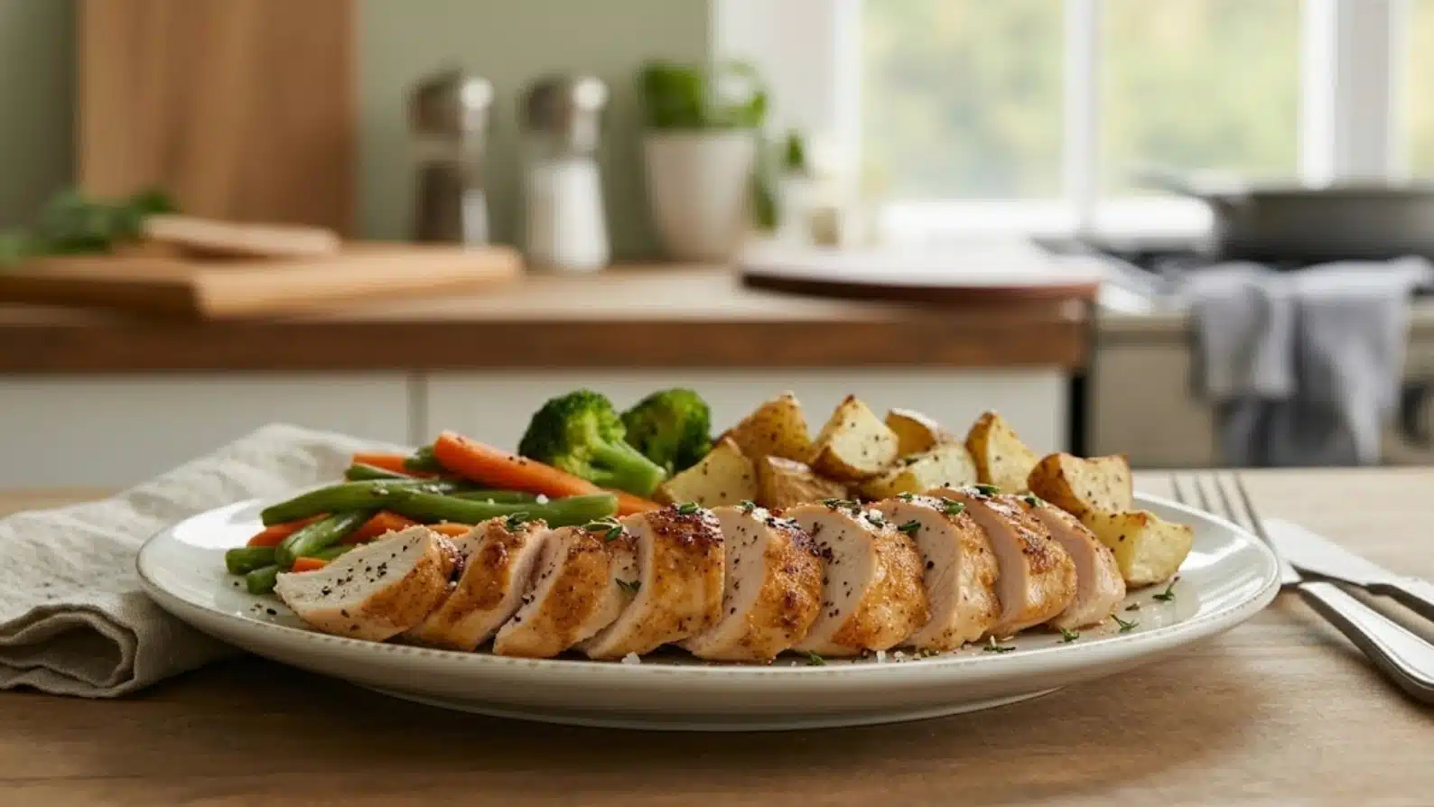sliced grilled chicken breast with roasted potatoes, broccoli, carrots, and green beans on white plate in kitchen