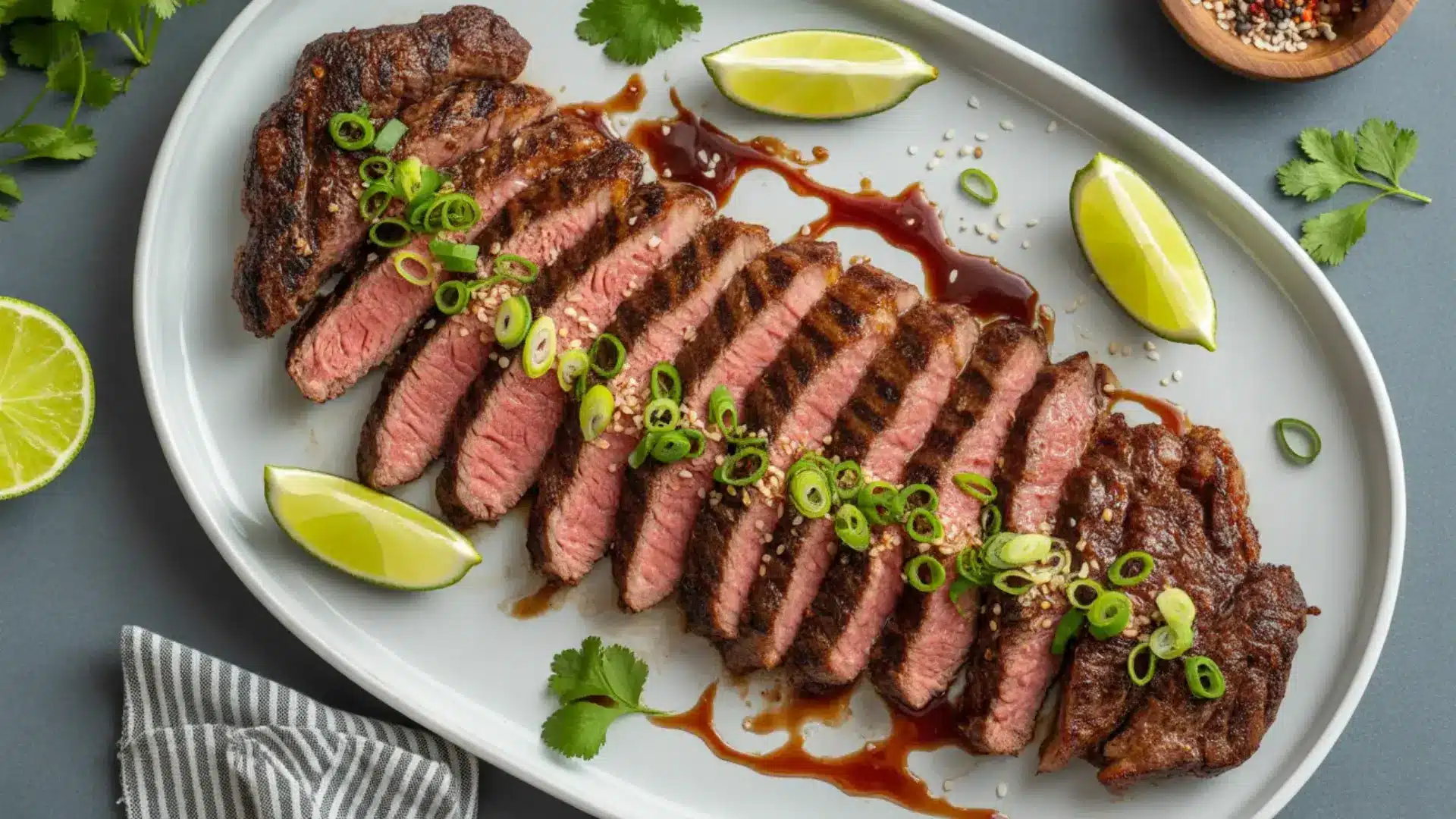 sliced grilled flank steak on a platter with lime wedges green onions sesame seeds and a dark glaze
