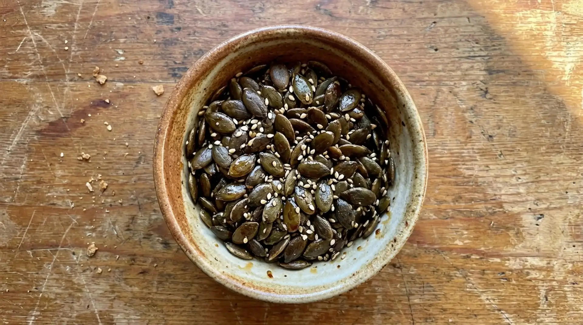 small ceramic bowl filled with roasted pumpkin seeds and sesame seeds on wooden table with scattered crumbs around bowl