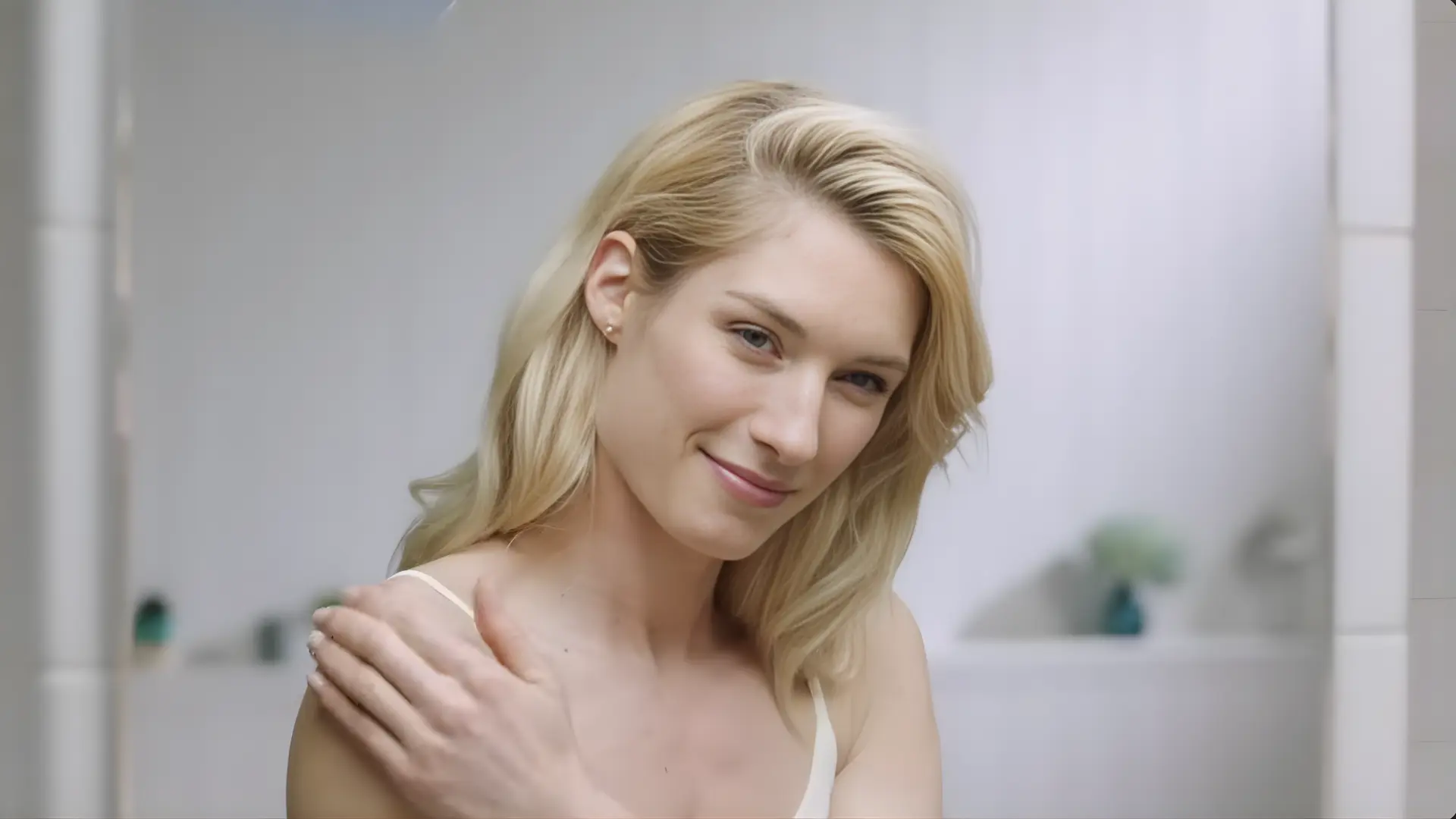 smiling blonde woman smoothing lotion on her shoulder to show apply to your face or body for a healthy glow