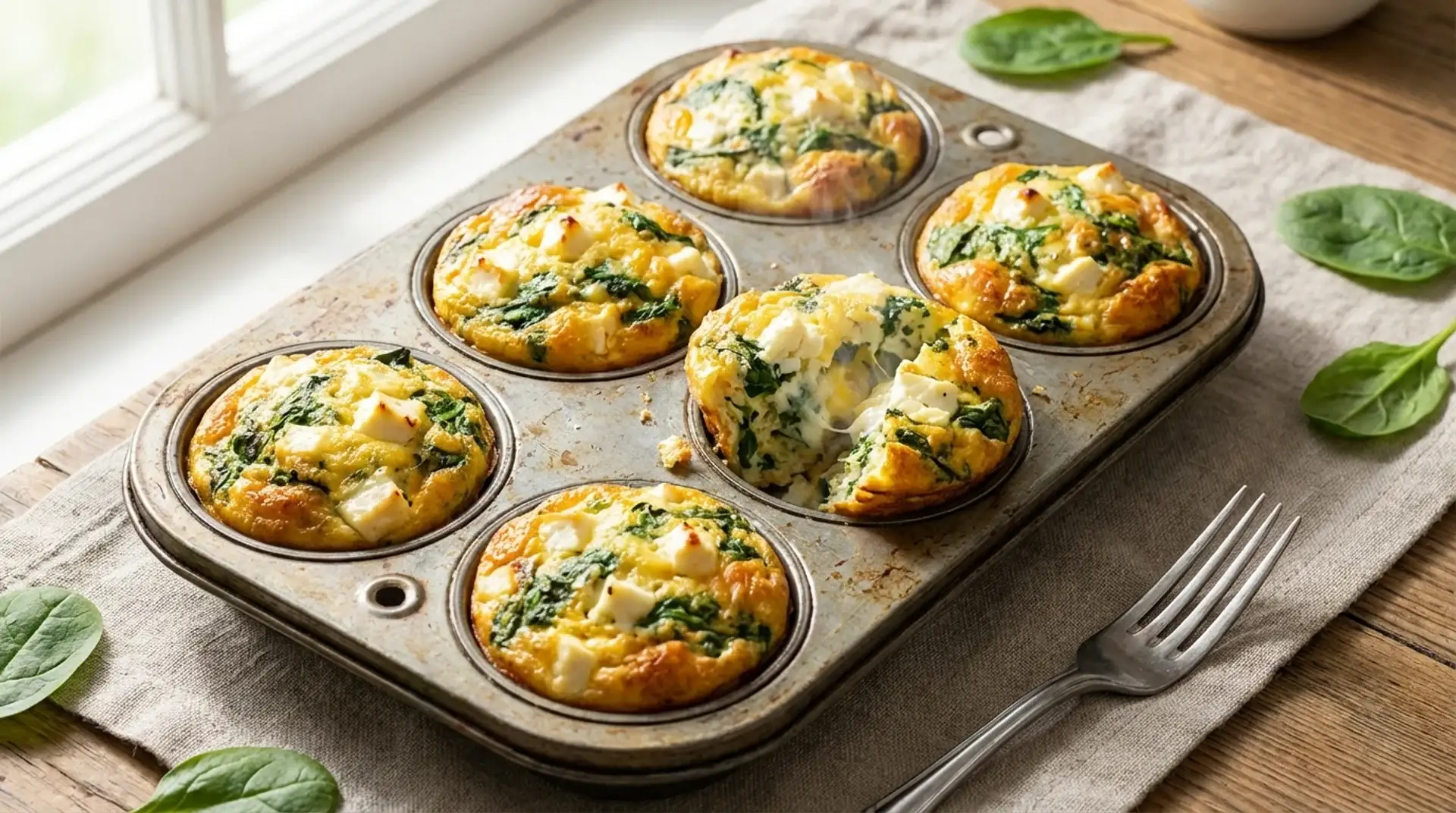 spinach and cheese egg muffins baked in muffin tin, fluffy breakfast bites with feta and herbs served on wooden table