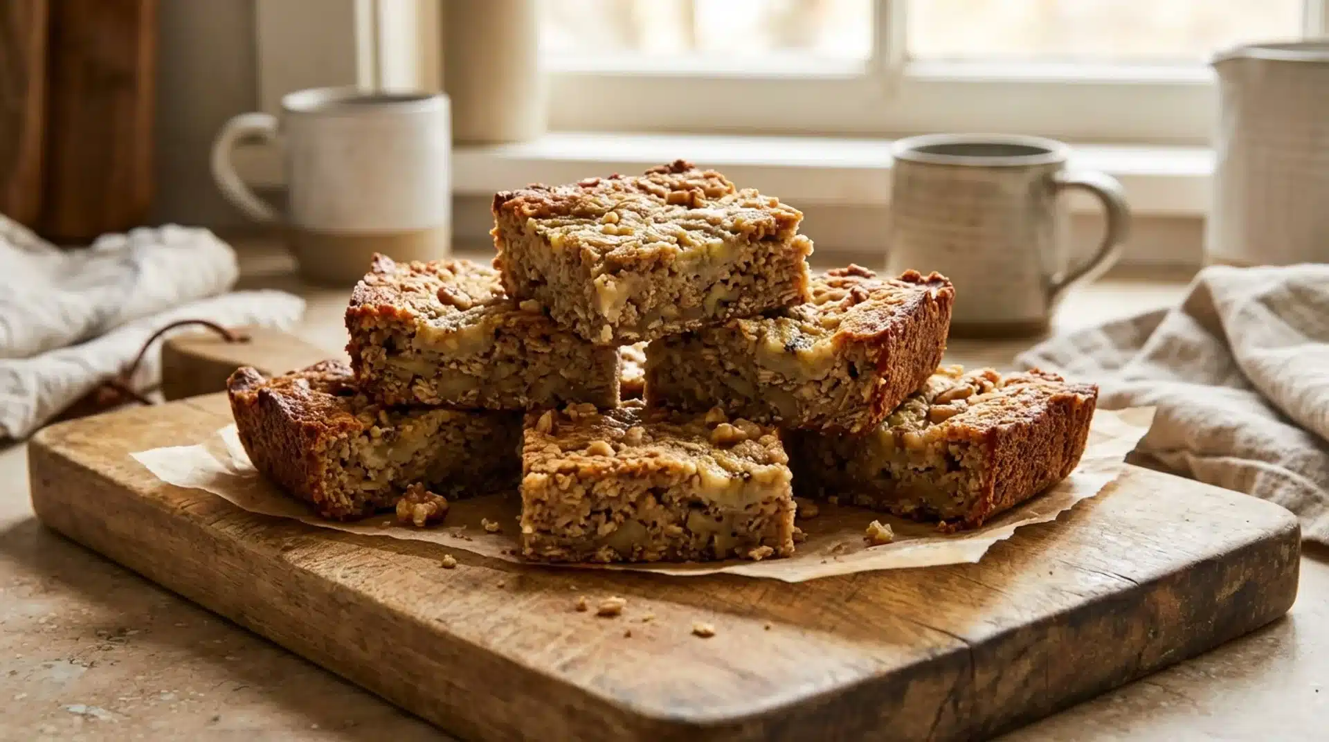 stack of baked oatmeal banana bars with nuts on wooden board near window, rustic breakfast snack served with coffee mugs