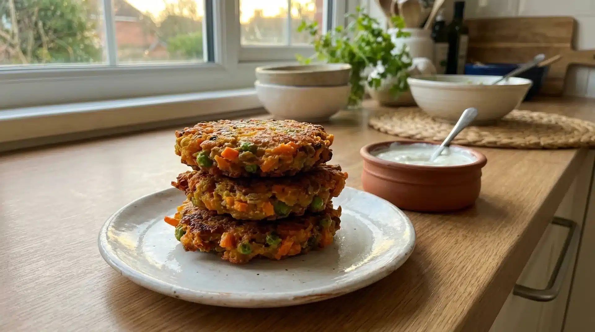 stack of crispy vegetable fritters with carrots and peas on plate, served with creamy dipping sauce in cozy kitchen