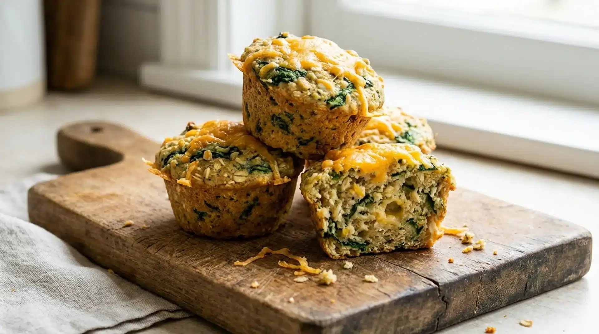 stack of savory spinach oat muffins topped with melted cheese on wooden board, one cut open showing soft interior