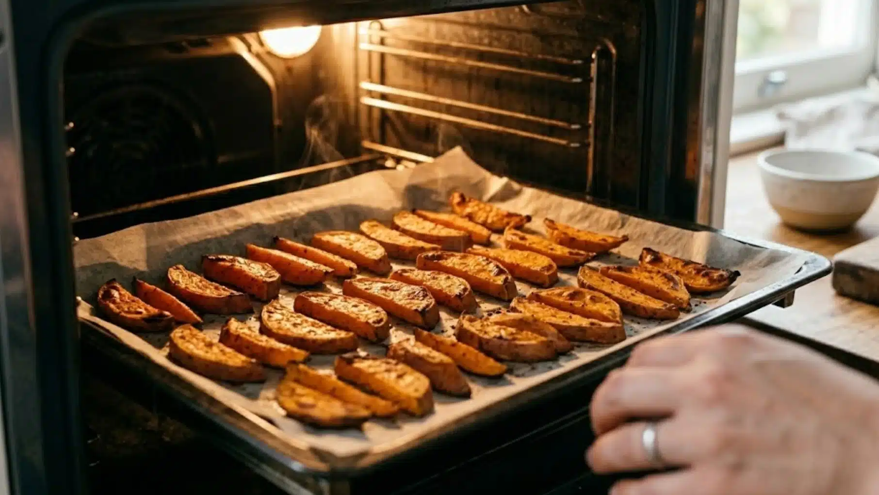 sweet potato wedges roasting on a baking tray inside the oven, seasoned slices baking until crispy and golden