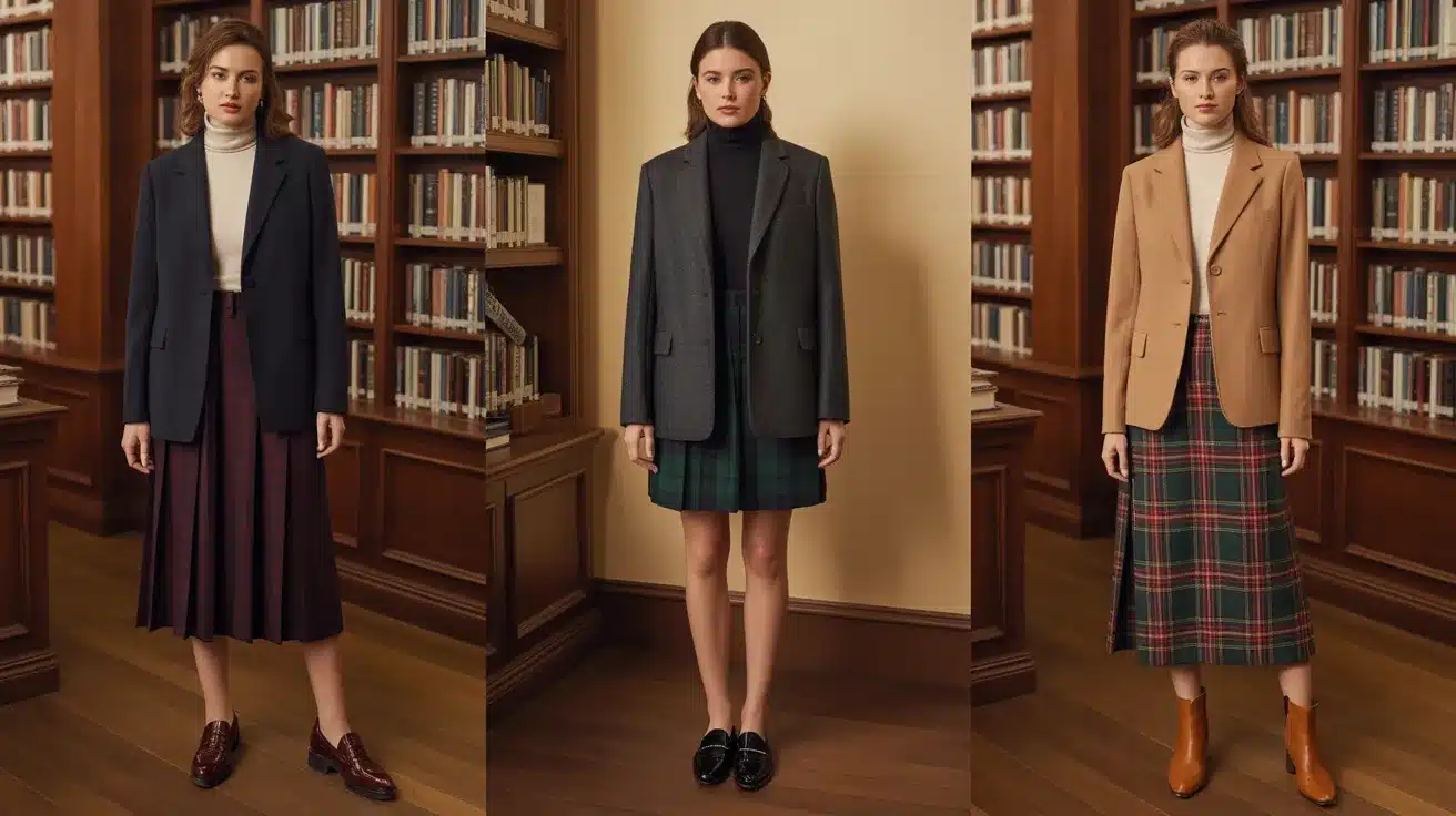 three academic style outfits with blazers, plaid skirts, and turtlenecks worn by women standing inside a library