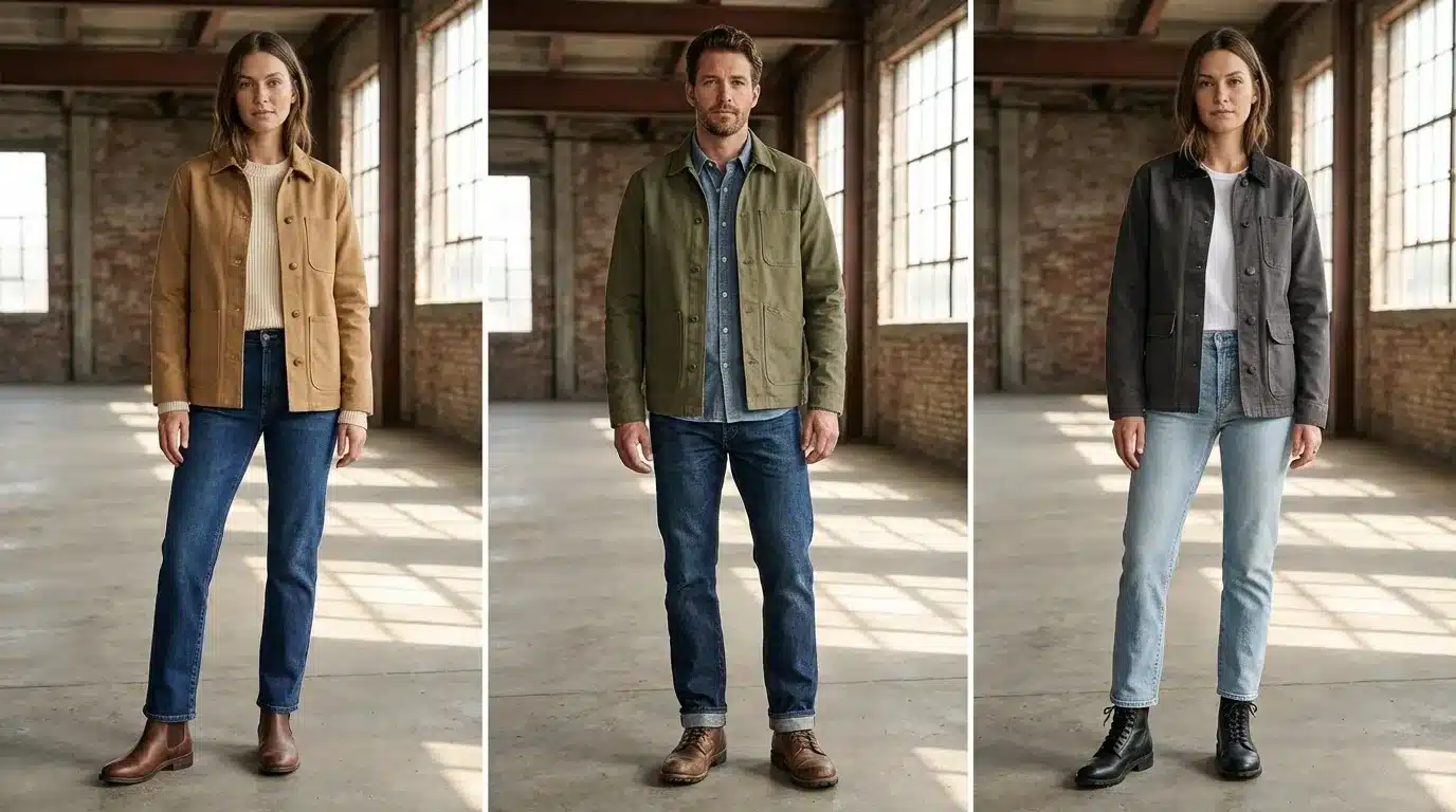three casual workwear outfits with utility jackets, denim jeans, and boots worn by models standing at an industrial loft