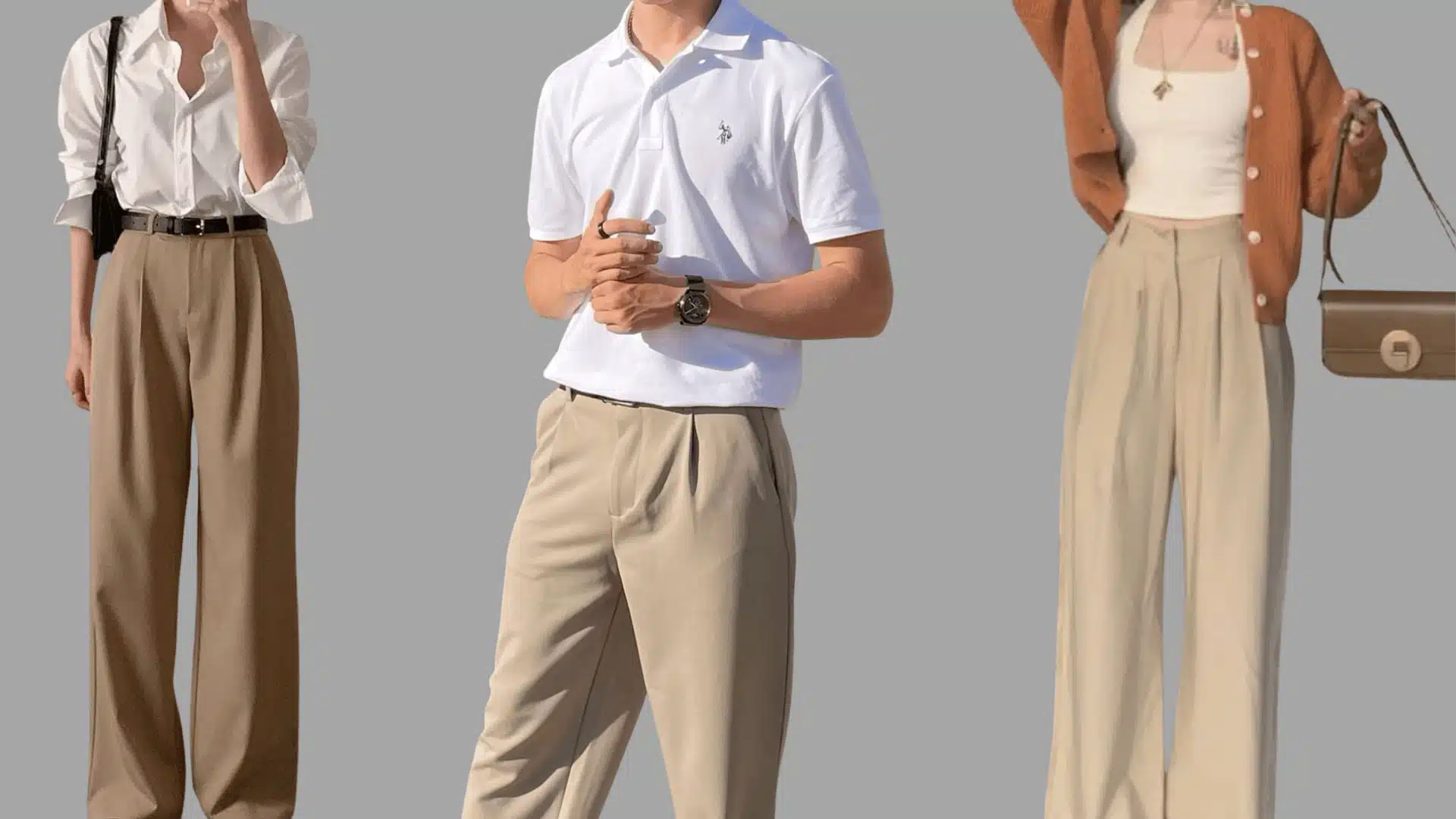 three cropped outfits showing white tops paired with loose khaki trousers in a clean, minimal style.