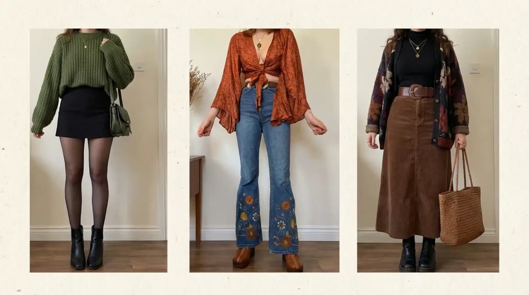 three fall outfits featuring cozy knit sweaters, flared embroidered jeans, layered cardigans, boots, and earthy tones
