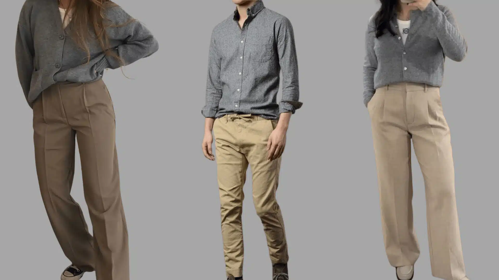three gray tops paired with khaki trousers styled in a clean, relaxed, and modern everyday outfit look