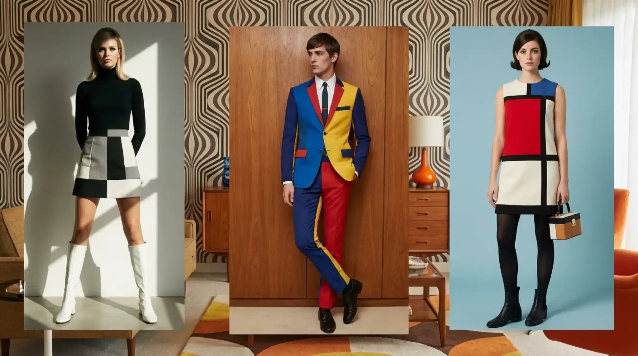 three models wearing bold mod fashion outfits with geometric color blocking, retro patterns, mini dress, suit, and boots