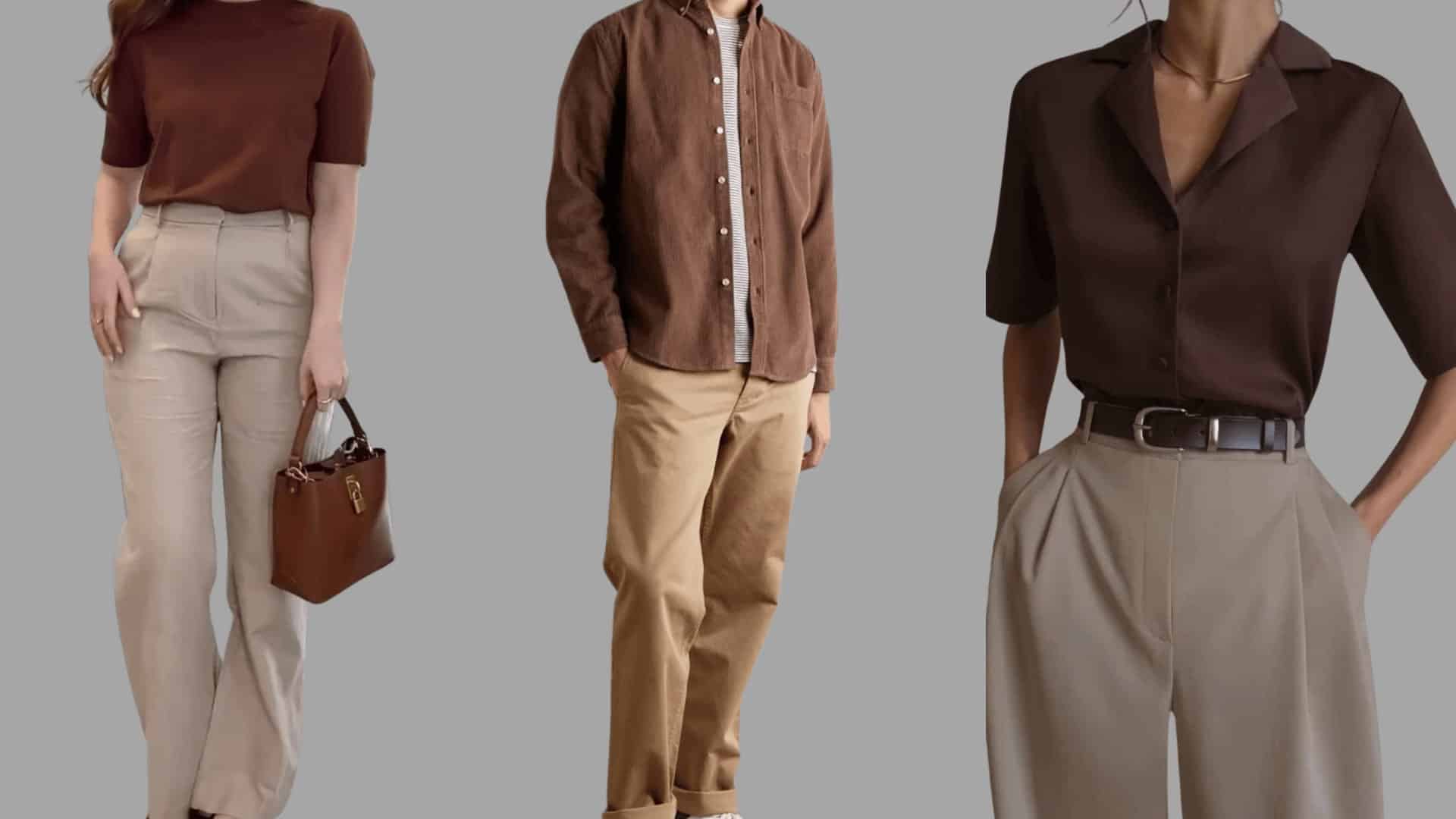 three outfits with brown tops paired with khaki trousers styled in a clean, simple everyday look
