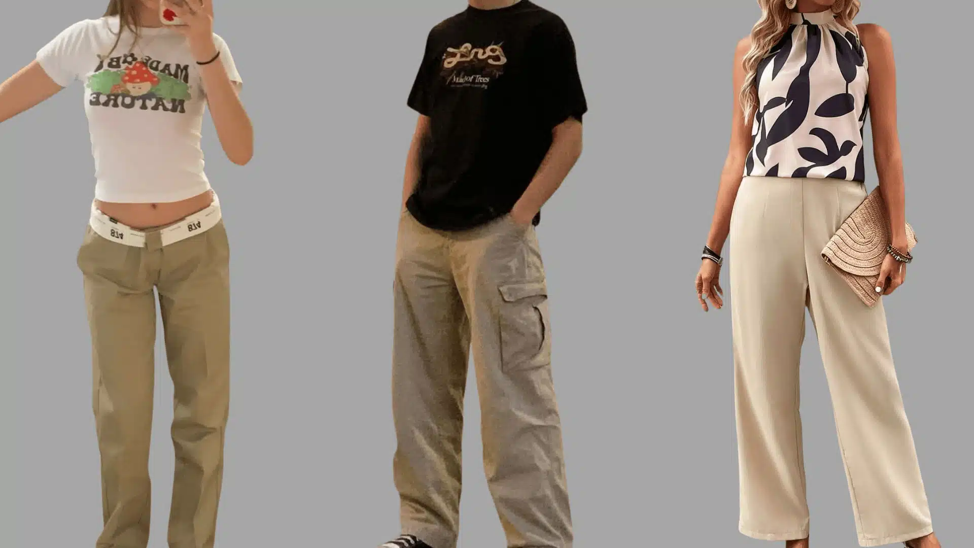 three outfits with graphic tops paired with khaki trousers in a refined, everyday casual style (1)