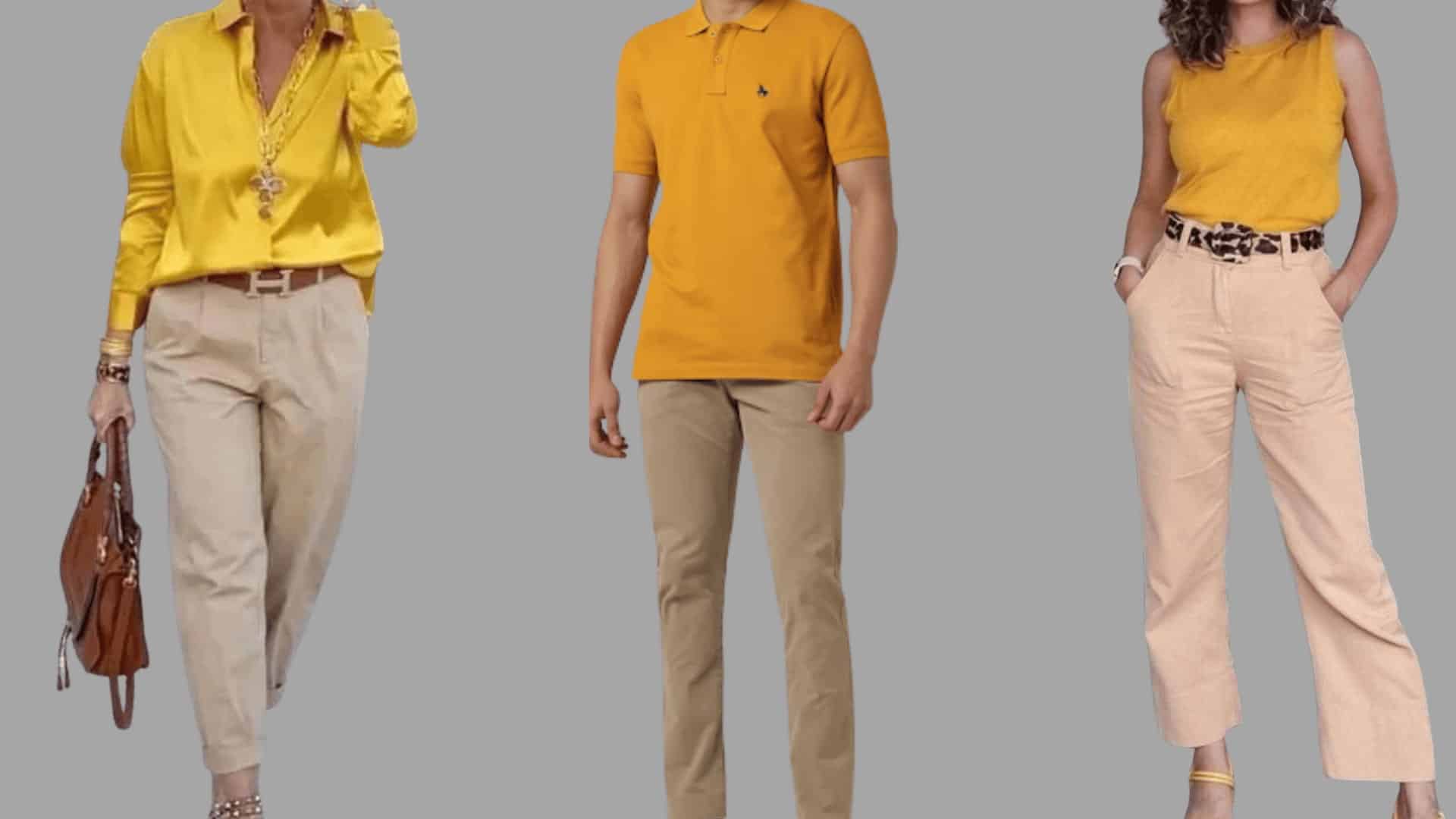 three outfits with mustard yellow tops paired with khaki trousers in a bright, casual everyday style