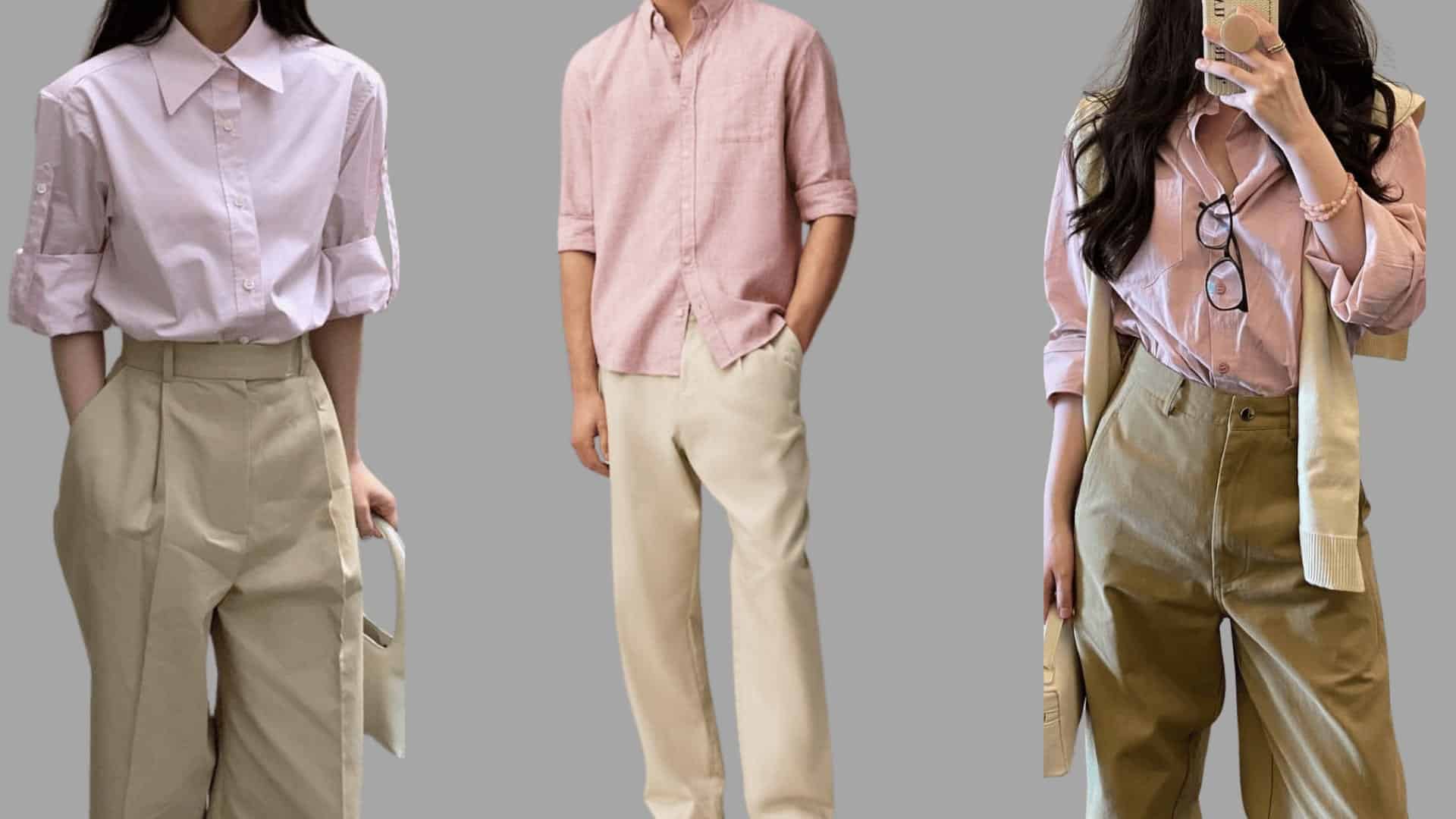 three outfits with pink shirts paired with khaki trousers in a refined, everyday casual style
