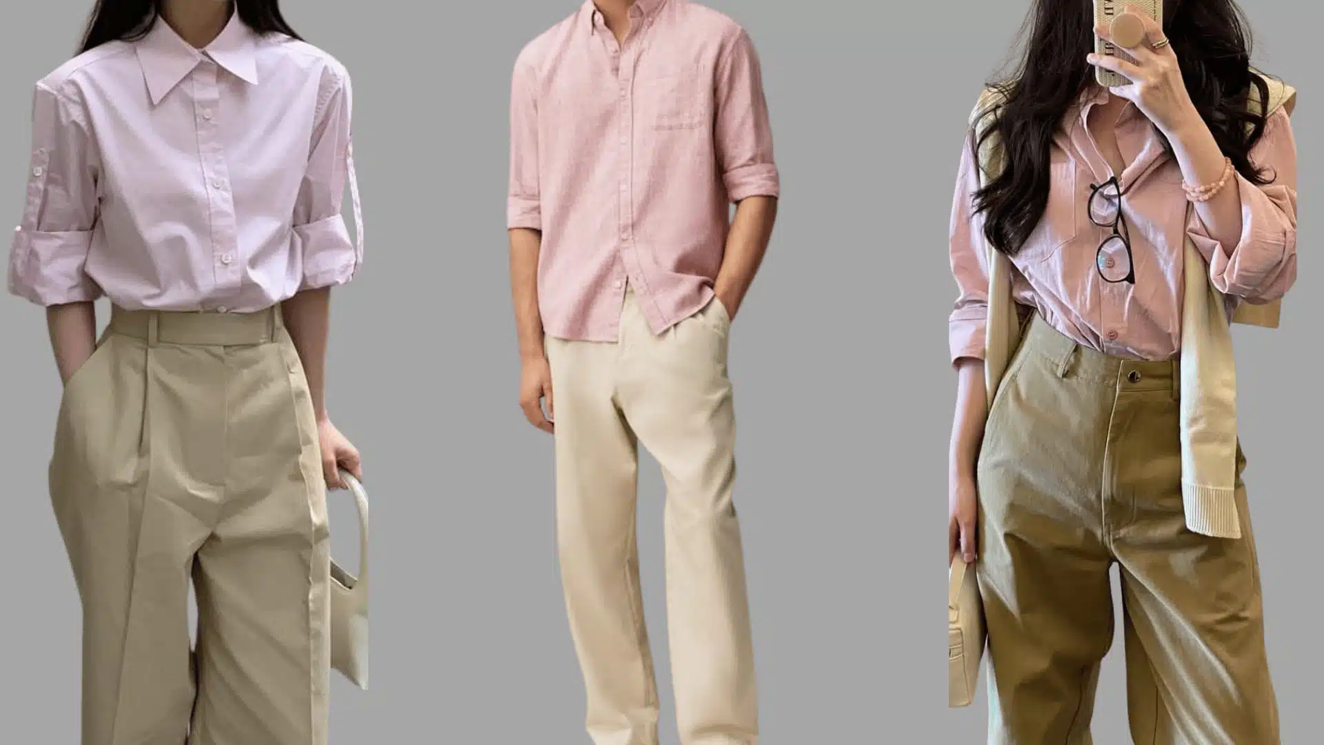 three outfits with pink shirts paired with khaki trousers in a refined, everyday casual style