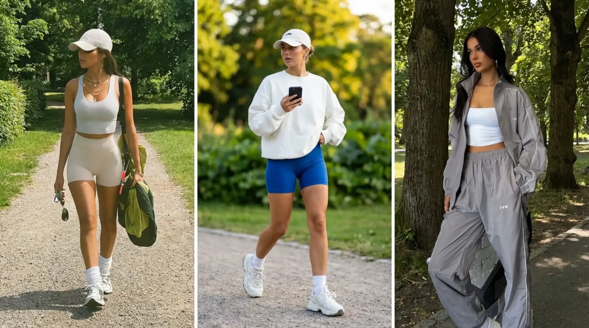 three women in athleisure outfits, walking outdoors in park paths with caps, crop tops, jackets, shorts, and sneakers