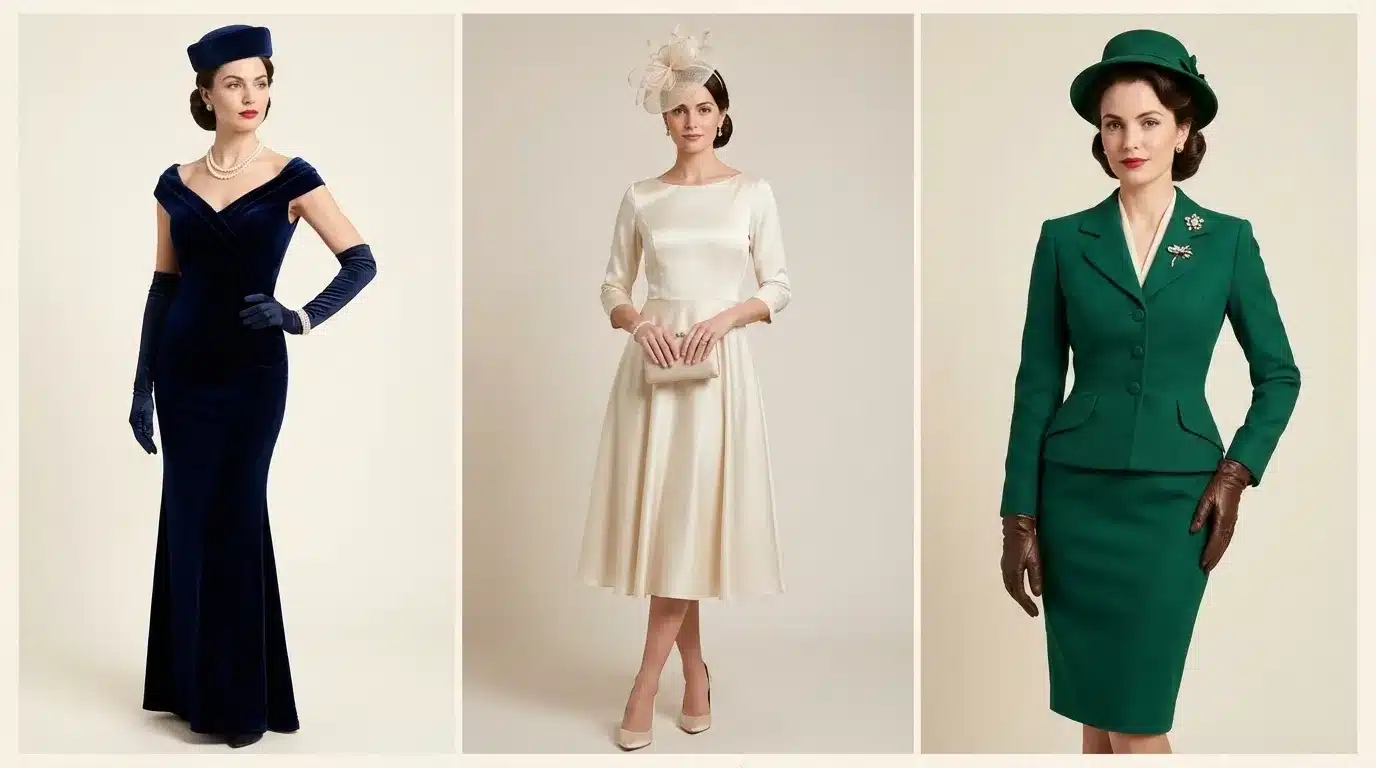 three women in vintage outfits, navy evening gown, cream mid-length dress, and green suit with hat and gloves