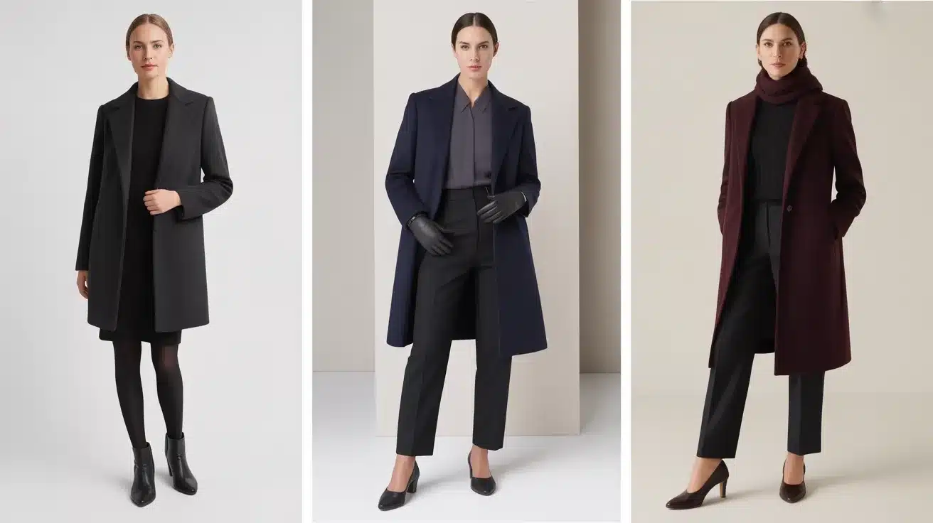 three women modeling long coats in black, navy, and burgundy, styled with trousers and heels for winter office wear