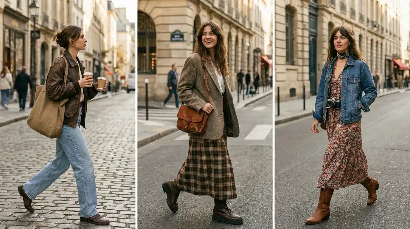 three women on city streets wearing leather jacket and jeans, plaid skirt with blazer, and floral dress with denim jacket