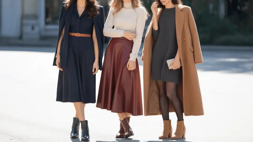three women wearing ankle boots with midi dress flowy skirt and sweater dress over 40