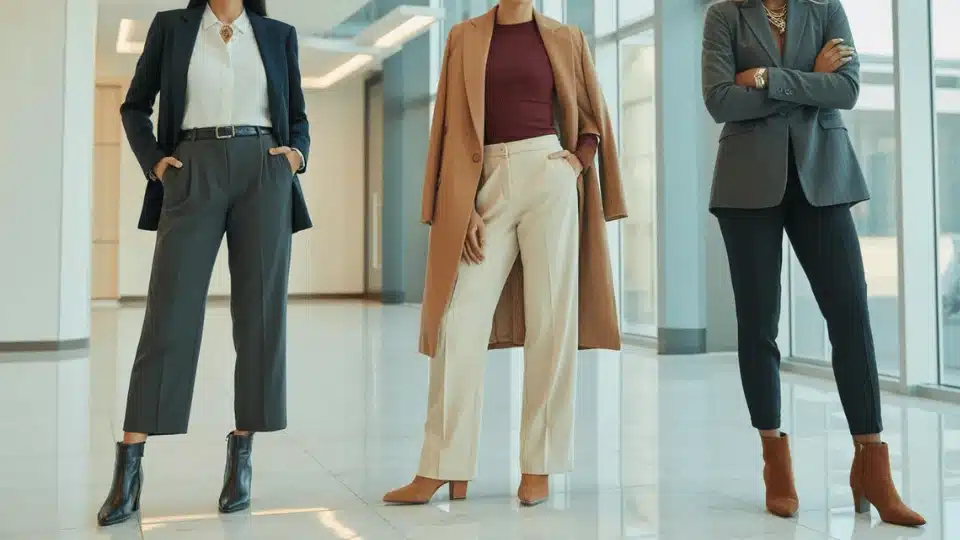 three women wearing ankle boots with tailored wide-leg and slim trousers styled for work over 40