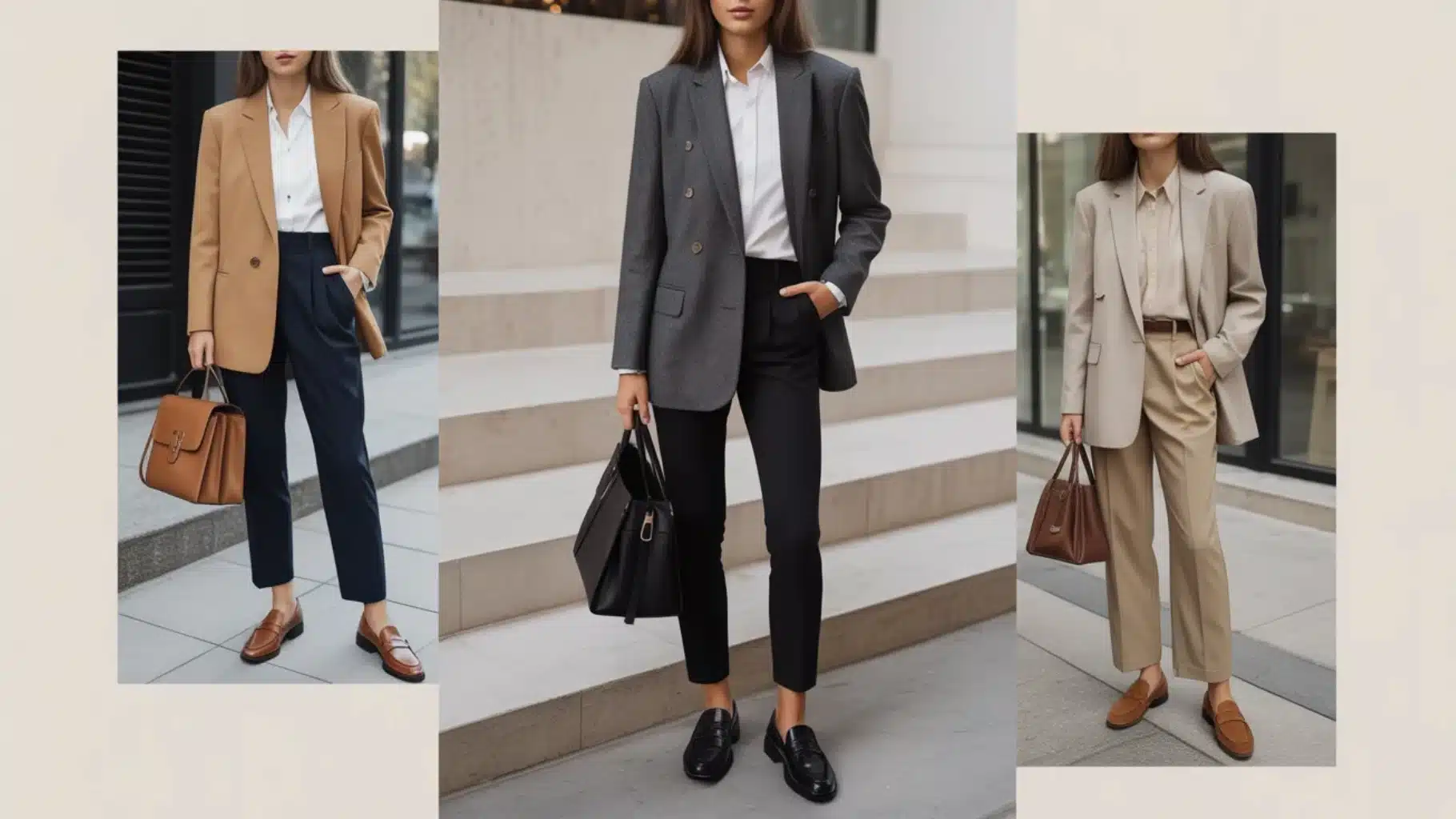 three women wearing blazers, shirts, ankle trousers, and loafers, carrying handbags on city street steps outside