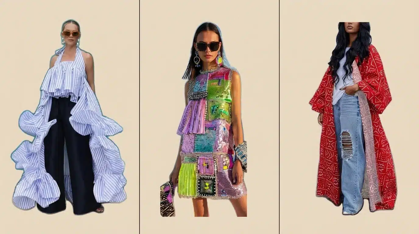 three women wearing bold statement outfits with ruffled striped top, colorful patchwork dress, and red kimono over jeans