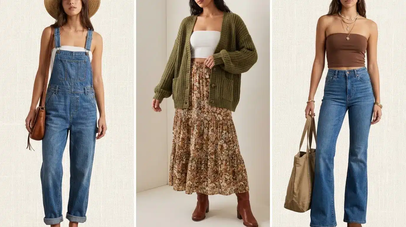 three women wearing, denim overalls, floral skirt with cardigan, and high-waisted jeans with strapless top and tote bag