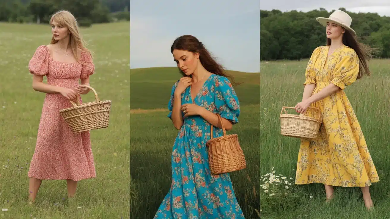 three women wearing floral cottagecore dresses holding wicker baskets while standing in grassy countryside fields