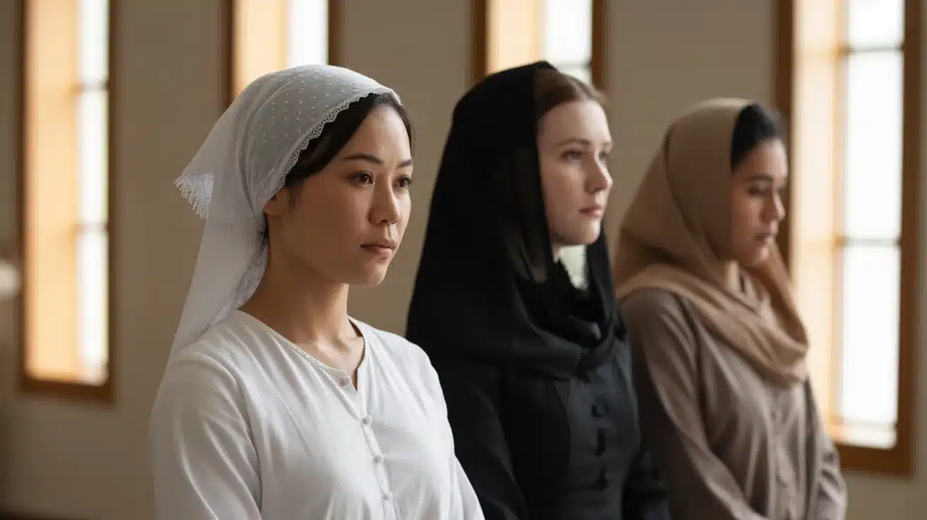 three women wearing modest head coverings in white, black, and beige, standing indoors near windows