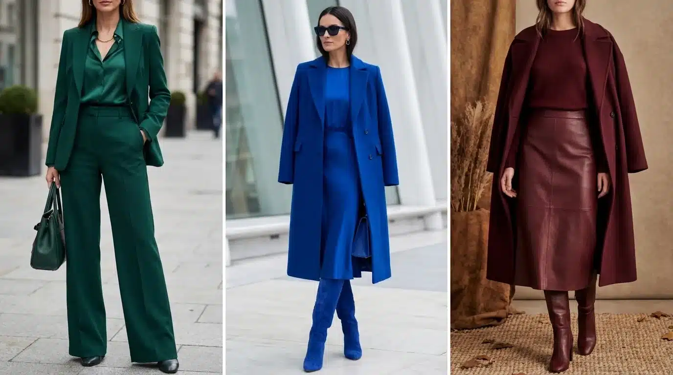 three women wearing monochrome outfits in green, blue, and burgundy featuring coats, suits, and skirts