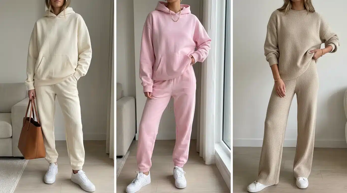 three women wearing neutral and pastel loungewear sets with hoodies, joggers, ribbed knit pants, and white sneaker
