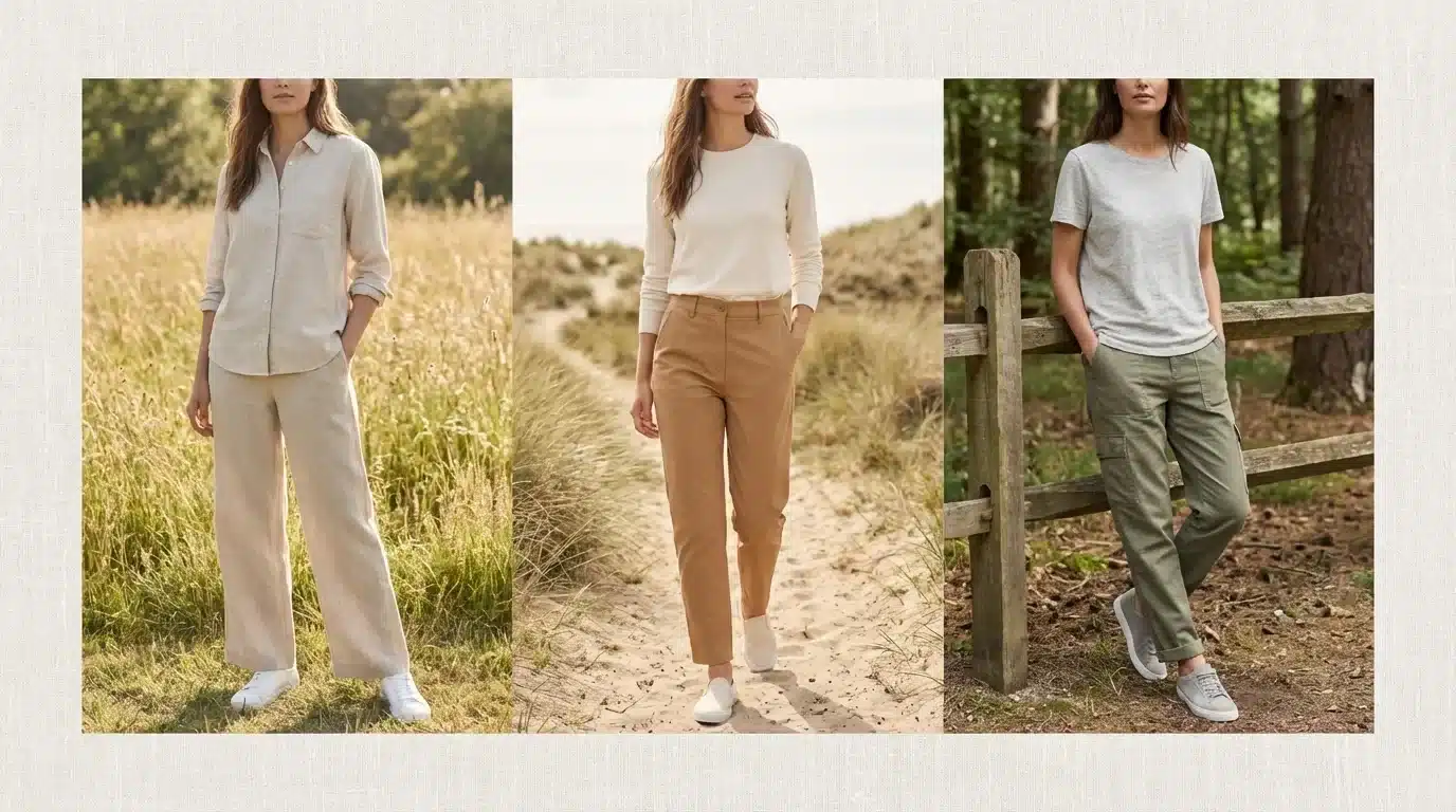 three women wearing neutral casual outfits with linen shirts, fitted trousers, cargo pants, and sneakers in field