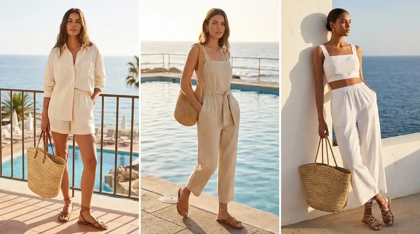 three women wearing neutral linen resort outfits with sandals and woven bags standing near ocean views, and pools