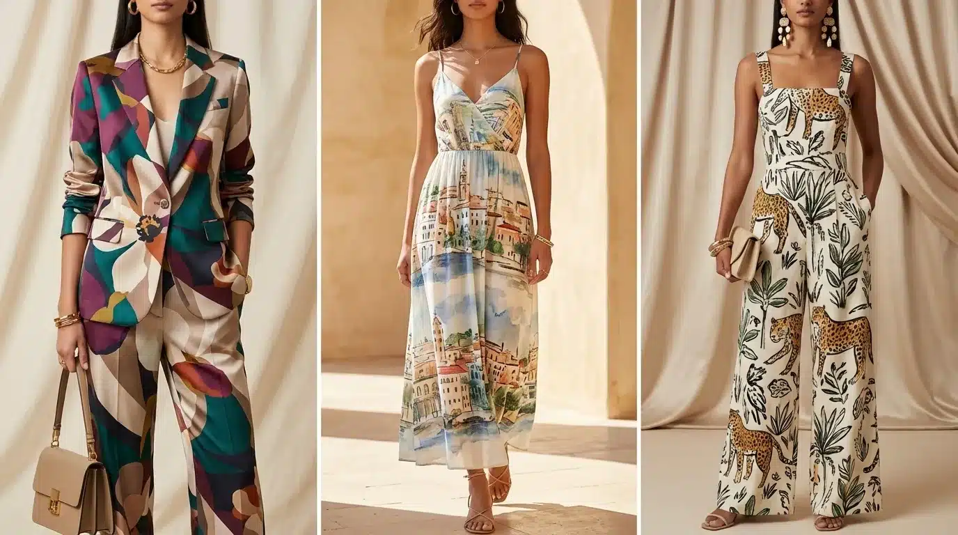 three women wearing printed outfits, colorful suit, scenic print midi dress, and wide leg jumpsuit with leopard pattern