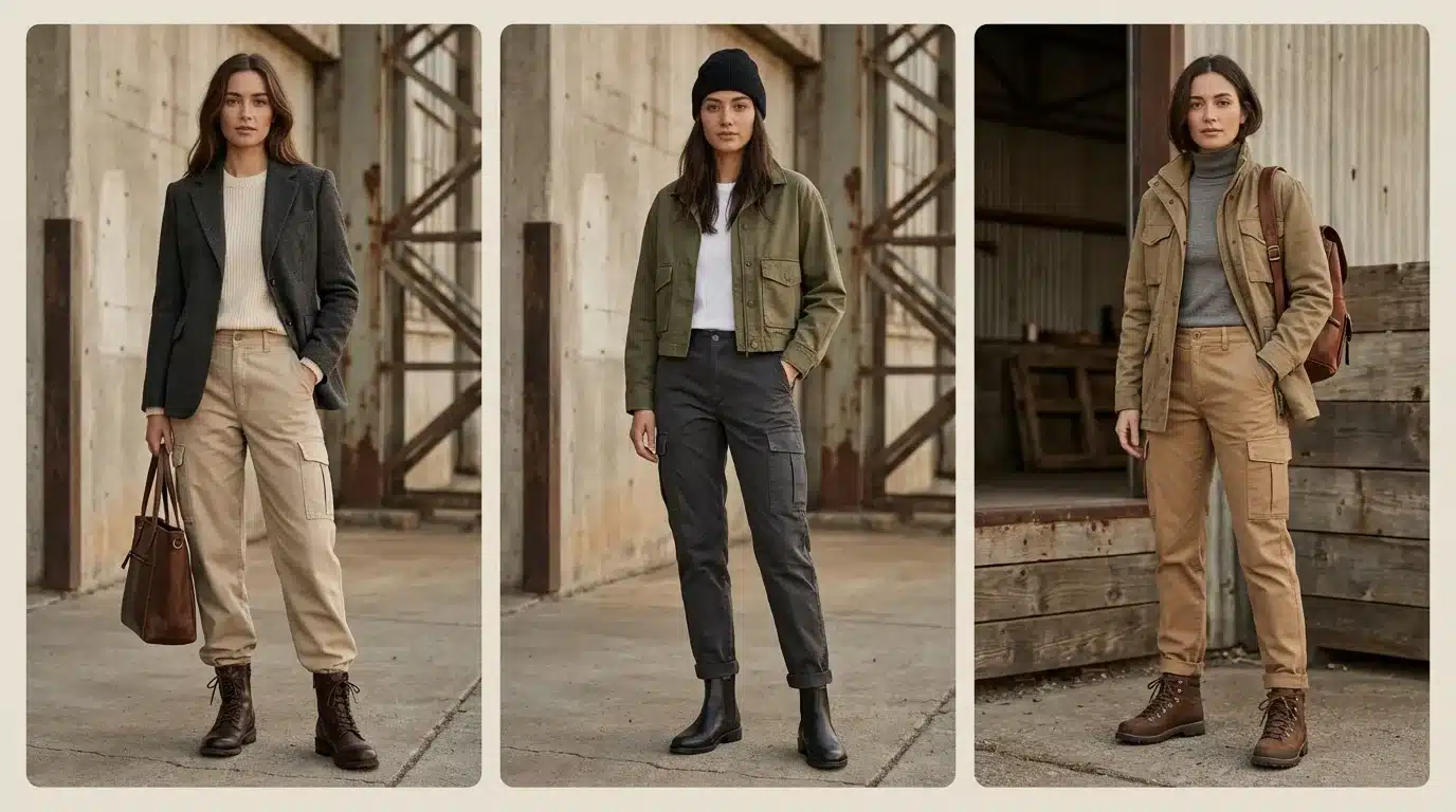 three women wearing rugged utility outfits with cargo pants, jackets, and boots styled for practical outdoors