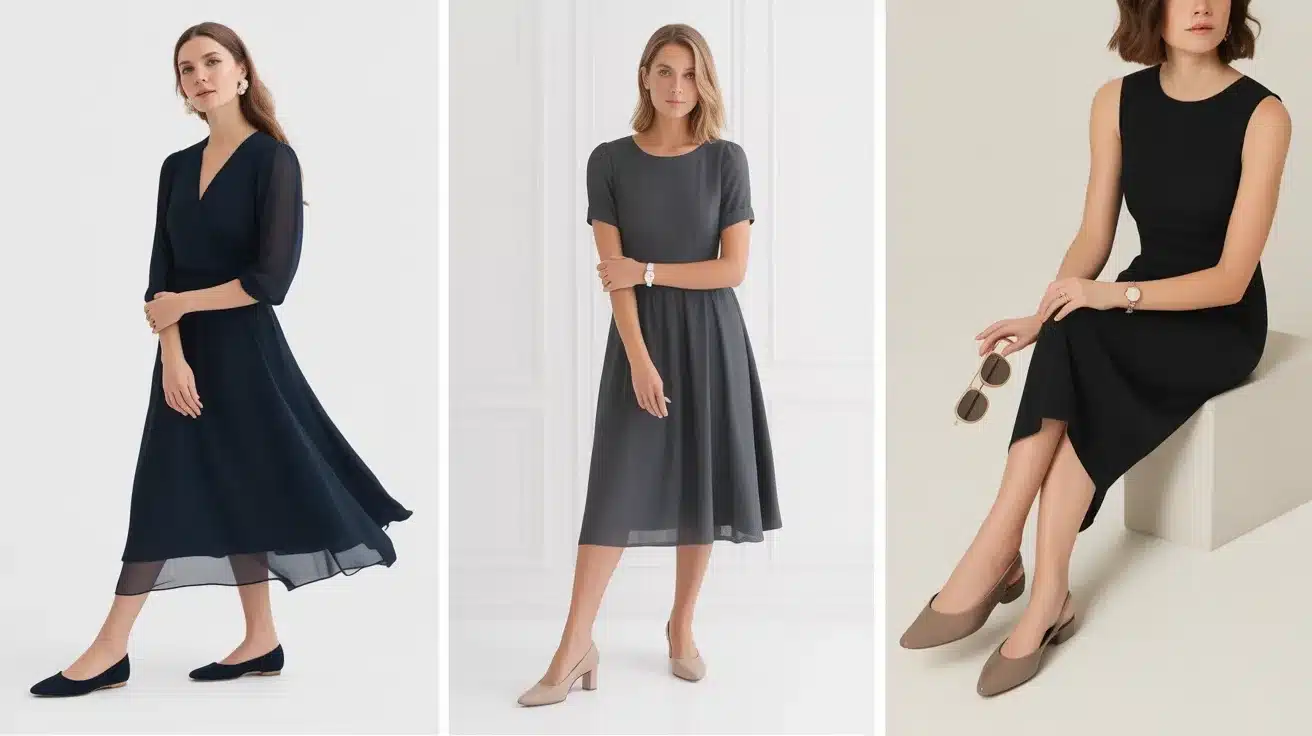 three women wearing simple midi dresses in navy, gray, and black, styled with flats and low heels indoors