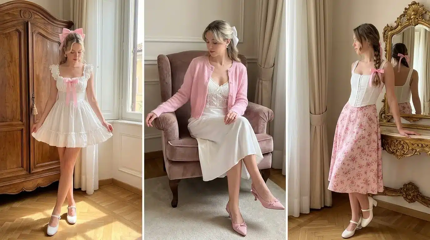 three women wearing soft pink and white vintage inspired outfits including dresses, cardigan, and floral skirt