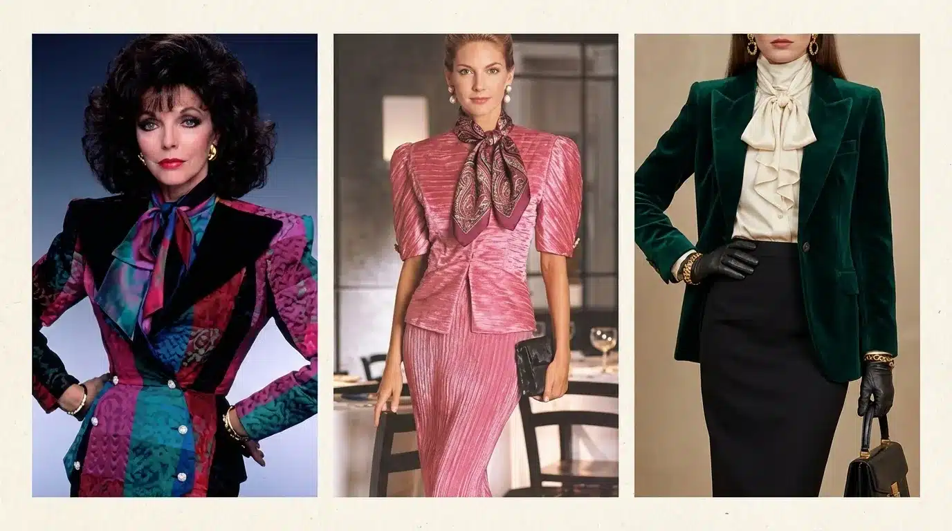 three women wearing structured vintage style outfits with bold shoulders, silk blouses, skirts, and elegant blazers