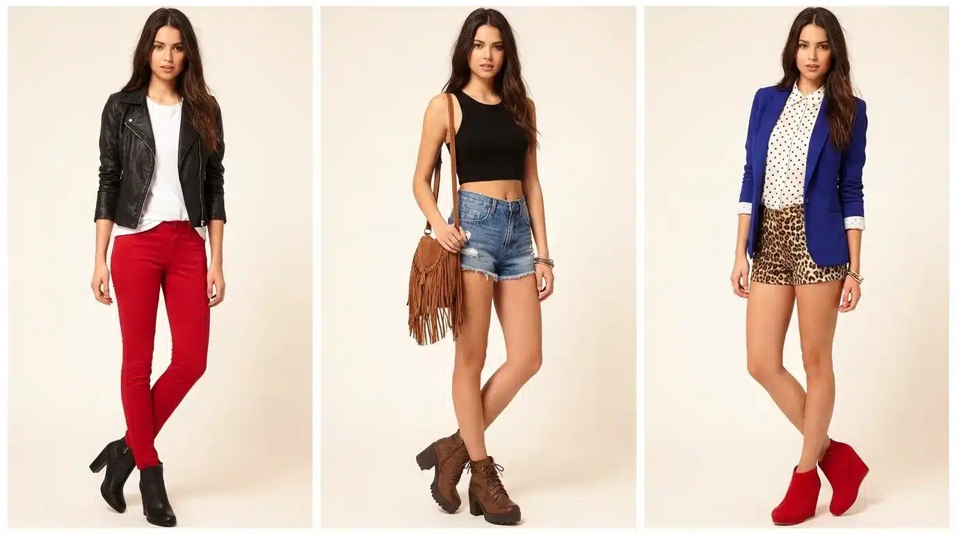 three women with leather jacket and red pants, crop top with denim shorts, and blazer with leopard shorts