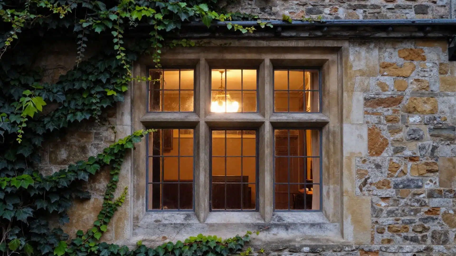 tudor house style narrow windows with small leaded glass panes set in wooden frames and stone surrounds typical of tudor homes