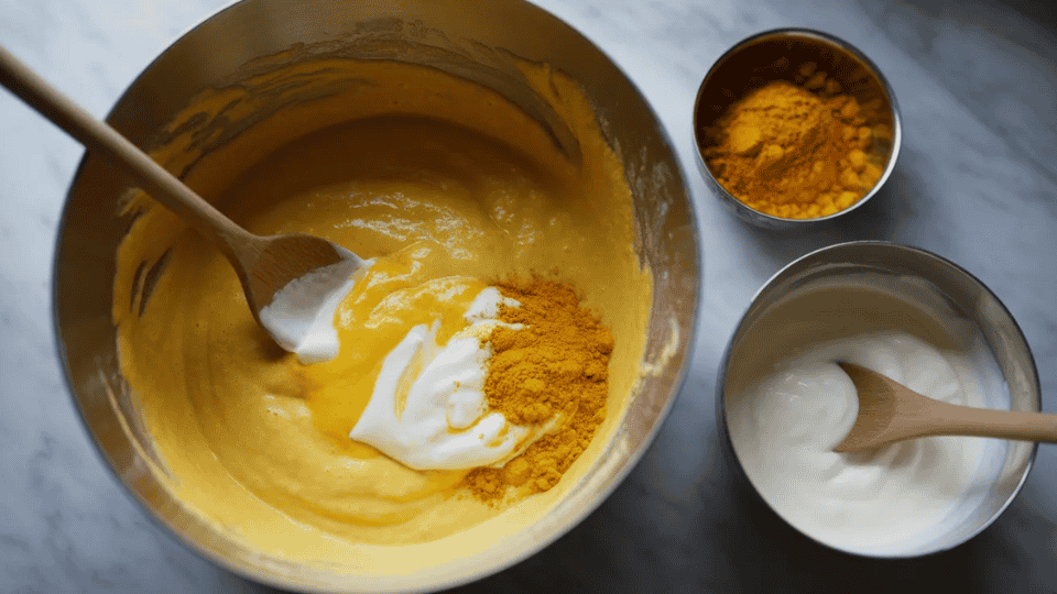 turmeric and yogurt face mask in bowl with wooden spoon for calming red spots and skin irritation