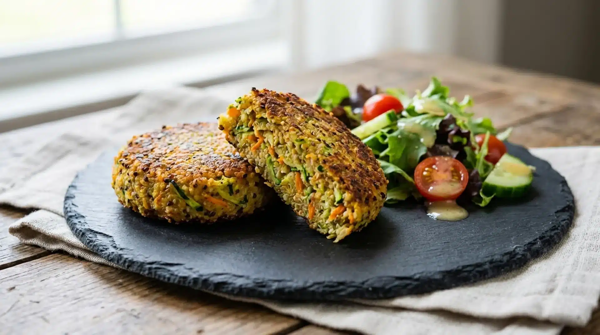 two crispy vegetable patties with quinoa and herbs served on slate plate beside fresh salad with tomatoes and cucumber