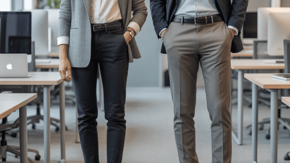 two professionals in an office, one in black jeans and blazer, the other in gray dress pants and suit jacket